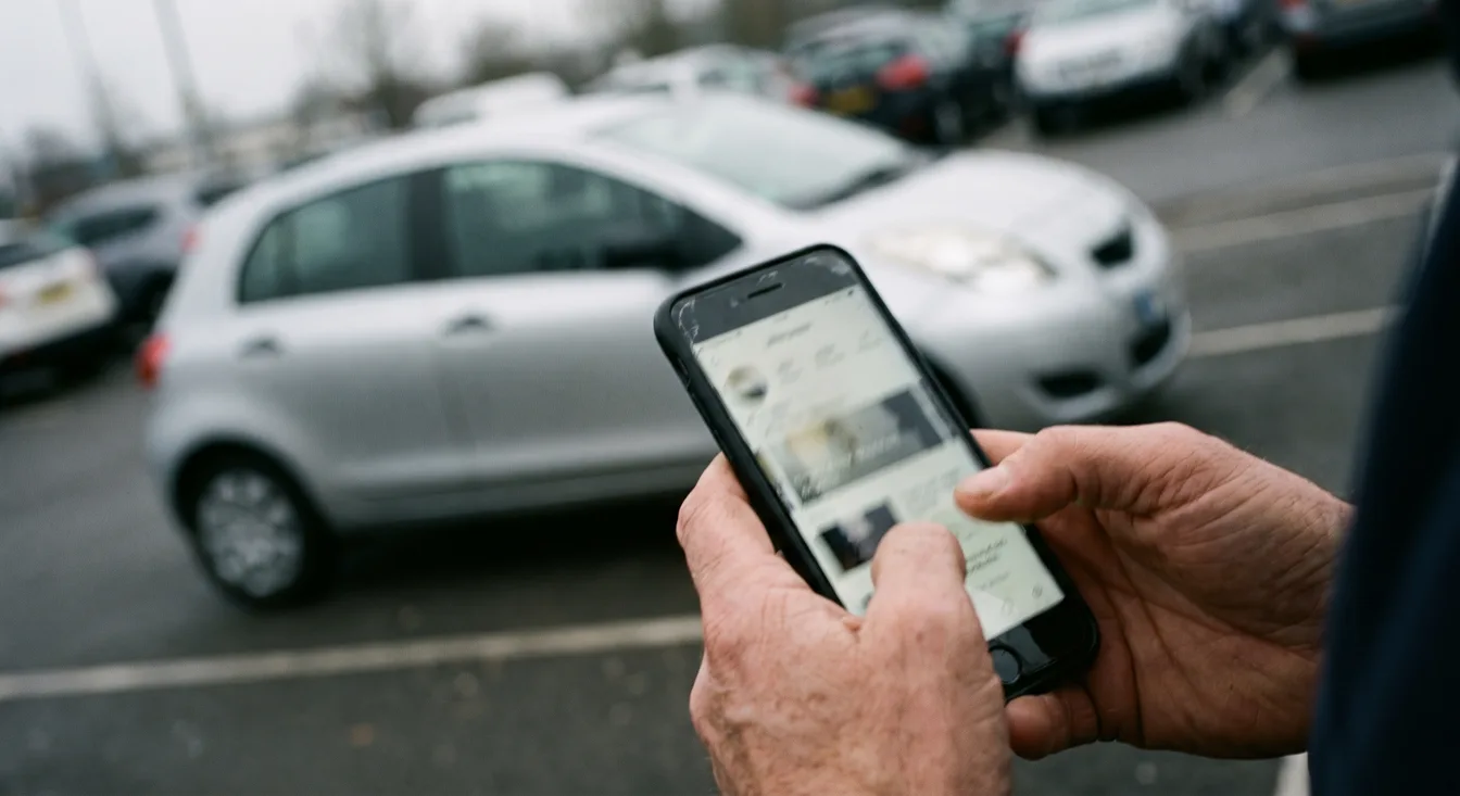 Un vendeur photographie un véhicule avec son téléphone pour préparer une annonce, illustration générée